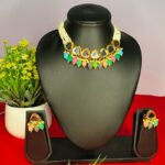 Vibrant multi-color necklace set with matching earrings for traditional and festive wear.